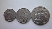 Монеты 5,  10 центов и 5 ранд ЮАР 