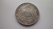 Серебряная монета 3 марки 1909 г. 2 Рейх,  Вюртемберг. XF+.