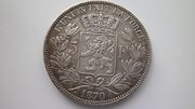 Серебряная монета 5 франков 1870 г. Бельгия.