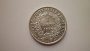 Серебряная монета 1 франк 1887 года Франция. Супер состояние