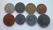 Монеты 2, 5, 10 пфеннигов 2 Рейх,  Веймар,  3 Рейх