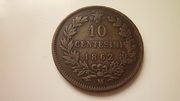 Монета 10 сентесими 1862 года Италия. Коллекционное качество